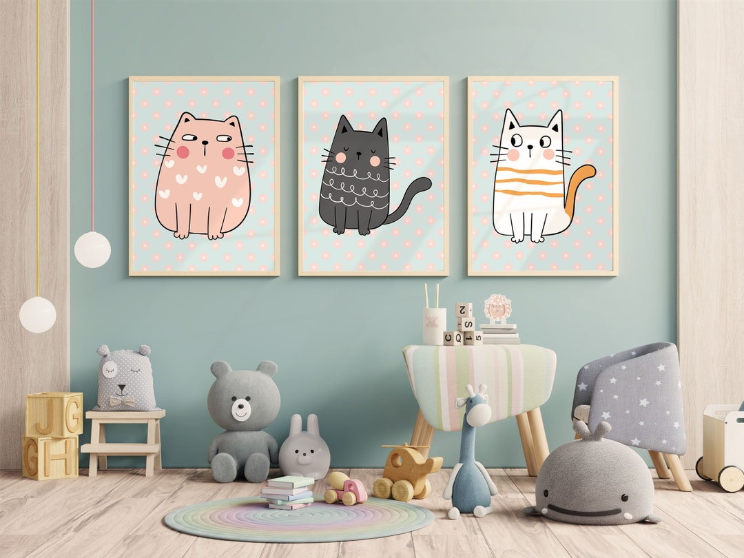 Cute Cats Nursery Prints - Set of 3, Baby Animal Wall Art (digital ...