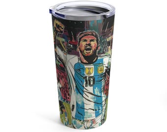 Lionel Messi świętuje zwycięstwo, 20-uncjowy kubek w stylu akwarelowym