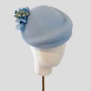 Powder Blue 50&#39;s style Wedding guest Pillbox hat Wedding or Special Occasion hat with gorgeous bow detail and bachelor&#39;s Button flowers