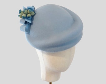 Powder Blue Pillbox Hat: 50s Style, Wedding Guest, Bow & Vintage Flowers