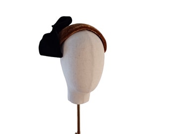 Mocha brown silk velvet headband, halo, fascinator with black velvet statement bow fall fashion band, cocktail hat