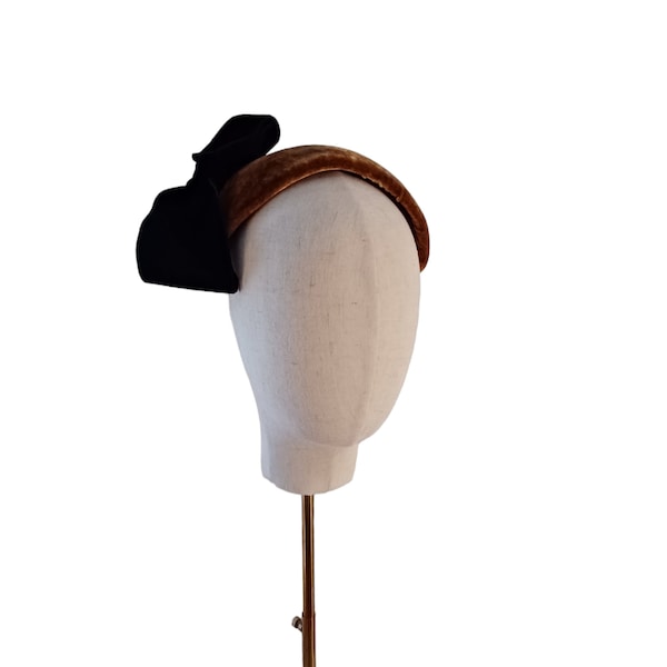 Mocha brown silk velvet headband, halo, fascinator with black velvet statement bow fall fashion band, cocktail hat