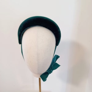 Green Velvet Headband, handmade millinery headband, bandeau, halo band, fascinator spruce forrest green headband with velvet ties
