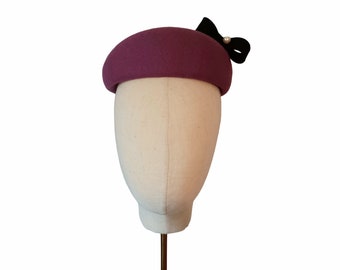 Purple &quot;Sweetie&quot; felt beret pillbox fascinator black felt statement bow with pearl detail for occasion everyday
