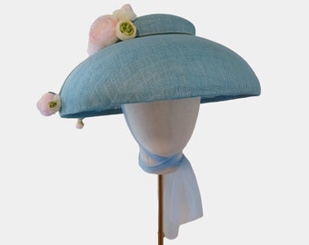 Light blue Large Brim for weddings, Kentucky Derby Royal Ascot pink Roses and pink, white, green Ranunculus light green ribbon