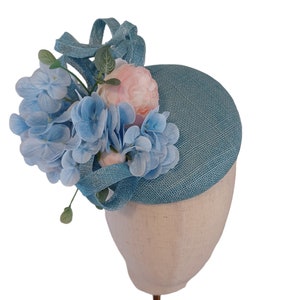 Blue Kentucky Derby fascinator for Royal Ascot, Wedding, Formal or Bridal light blue hydrangea and pink roses and sinamay swirls