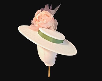 Ivory white Boater Hat with statement Peony, spring green ribbon trim; Peach and pink accent, Wedding guest, Royal Ascot, formal occasion