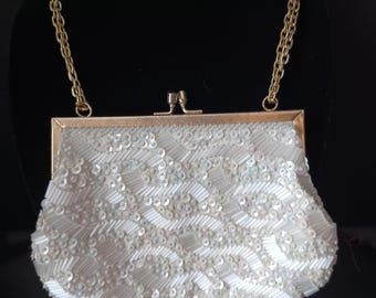 Vintage Bridal handbag , bridal purse sparkle beads in white and clear, undulating wave pattern, gold colored clasp and chain