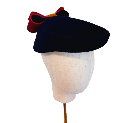 NWT Vintage Black Felt Pillbox Hat with Bow black velour felt teardrop pillbox cocktail hat - occasion  main image 3