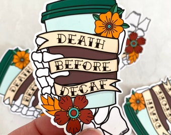 Death Before Decaf Coffee Sticker Decal | American Traditional Tattoo Art Caffeine Flash Sheet | Skeleton Skull Matte Laptop