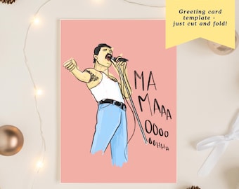 May include: A pink greeting card featuring a cartoon illustration of a singer with the text "MA MAAA 0000 OOHHH". The singer is wearing a white tank top and blue jeans. The card includes the words "Instant Download" and "Greeting card template - just cut and fold!"