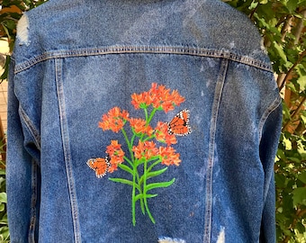 Painted Jean Jacket Butterfly Milkweed Monarchs | Oversized Distressed Hand Painted Denim Jacket | Thrifted Upcycled Clothing