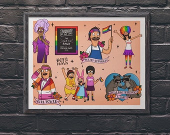 Bob’s Burgers Flash Sheet Art Print Poster | LGBTQ Pride American Traditional Artwork | Fan Art Bob Linda Gene Louise Tina Nat Drag Queen