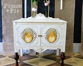 Petite White Sideboard, Chalkpainted Annie Sloan Old White Buffet, Hand painted Hens, Farmhouse, Storage, Small sized