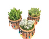 Set of 3 Terracotta Planters with beads and mix of Cactus and Succulents, Succulent Gift, Fiesta Home Decor, Desk Decor, Housewarming Gift