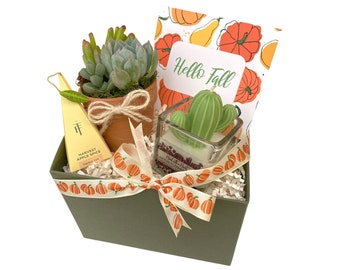 Fall Succulent Gift Box with Succulent Arrangement, Cactus Candle and Tea, Succulent Gifts, Succulent Package, Fall Care Package, Cozy Gift