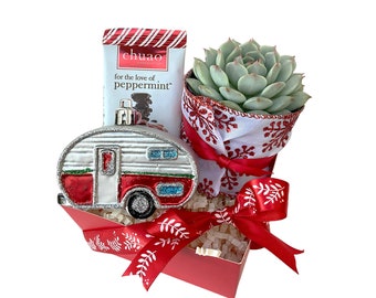 Merry Christmas Succulent Gift Box with Camper Ornament and Chocolate, Christmas Decor, Holiday Gift, Christmas Gift, Camping Christmas Gift