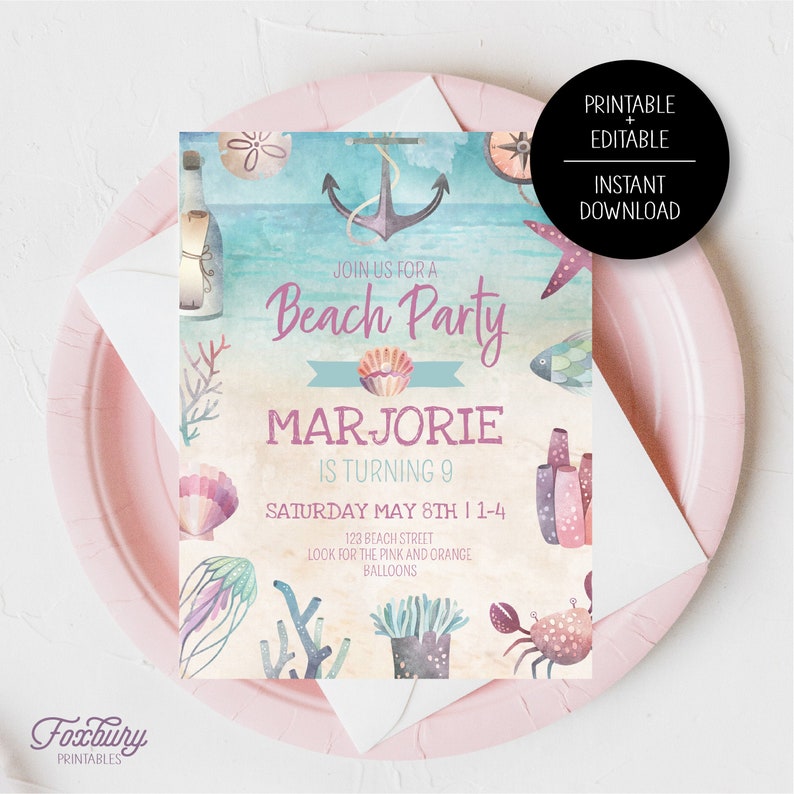 Editable Beach Birthday Printable, Birthday Party Printable, Printable ...