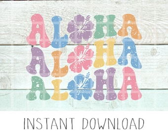 Aloha Aloha Hibiscus Flower Wavy Retro Svg, Hawaiian Vacation Svg, Retro Aloha Colorful Distressed Svg, Family Vacation Png, Retro Png