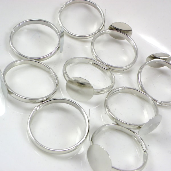 Adjustable ring blank, 10mm Flat Pad Bases Blanks Ring, dull silver plated ring, blank ring jewelry making supplies