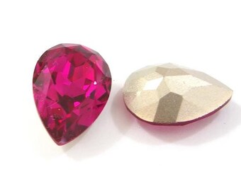 2 Pieces 14x10mm  Fuchsia Glass Faceted Fronts and Foiled Backs Crystal teardrop Pear Faceted Diamond Cut brilliant Magenta Crystal