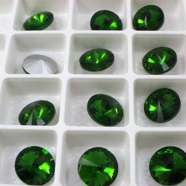 Emerald 12mm Rivoli  Glass, Crystal, Rhinestone, Rivoli 12mm foil back. pkg. of 4 Dark green stone