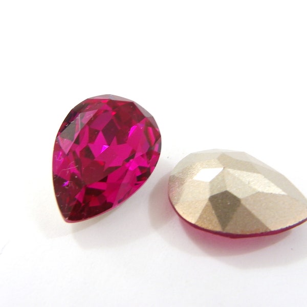 2 Pieces 14x10mm Light Fuchsia Glass Faceted Fronts and Foiled Backs Crystal teardrop Pear Faceted Diamond Cut brilliant Magenta Crystal