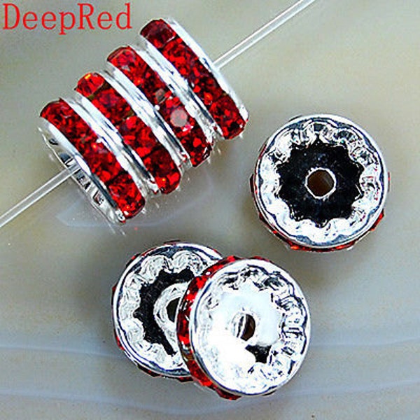 Rondelles d'espacement de roue en cristal rouge avec strass en métal argenté de 8 mm - breloque d'espacement de perles, espaceurs de connecteurs de pierre