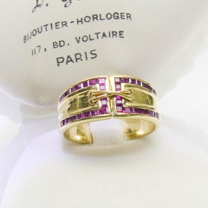 Unique art deco 18k gold corset shape tank ring set with princess cut genuine ruby gemstones