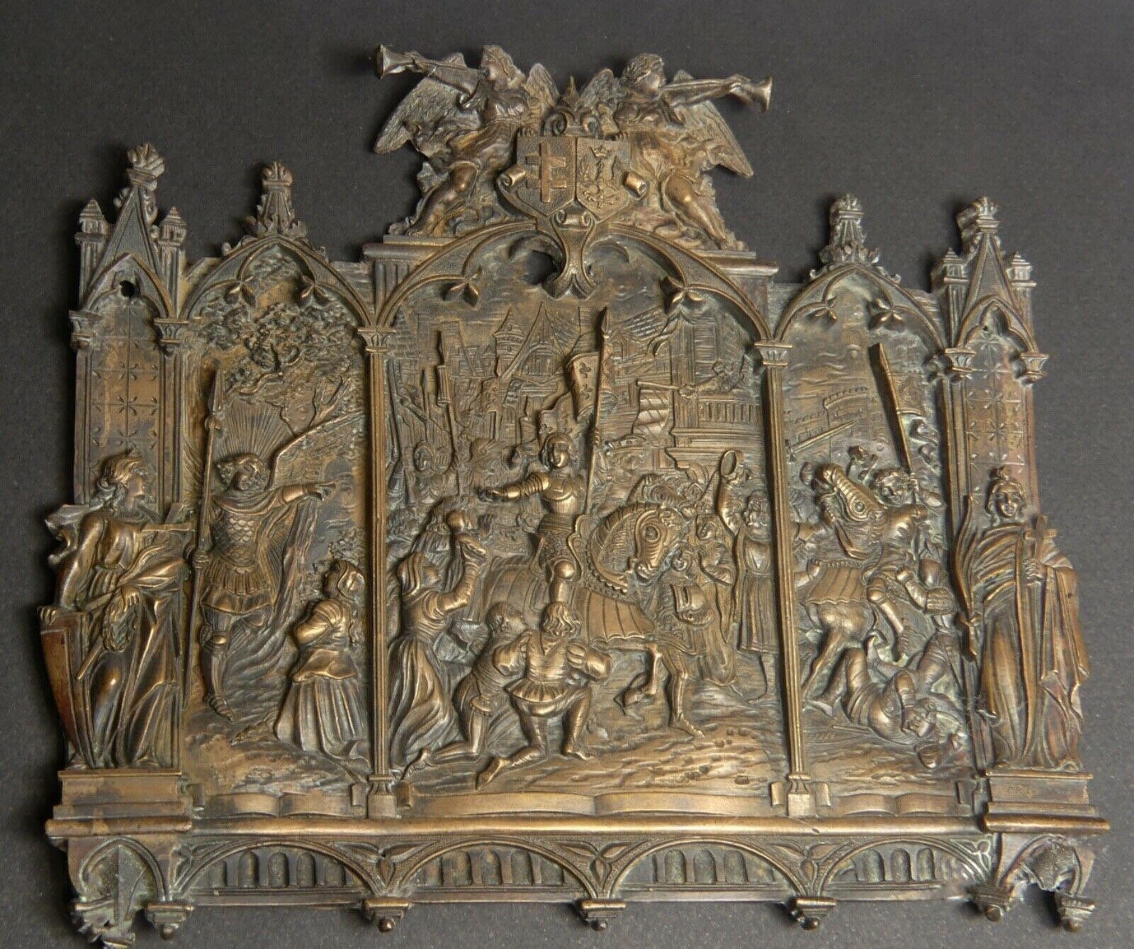 Rare Antique Monastère Du 18Ème Siècle Relique Bronze Jeanne d'arc Plaque Murale