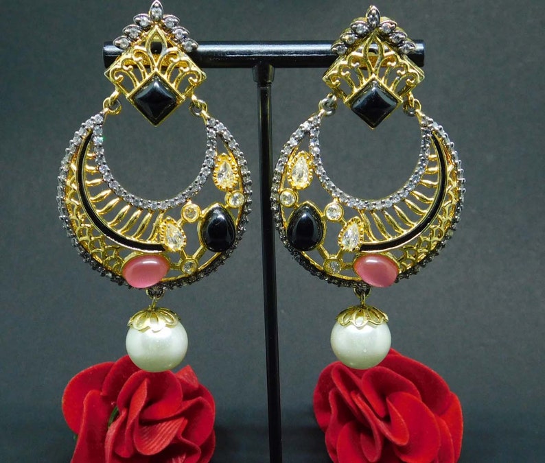 Gift For Her I.J 34 Gold Brass Victorian Earrings,Victorian Style Statement Earrings with Onyx Crystal,Dangle Earring Vintage Earring