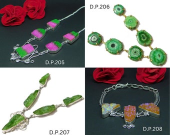 Silver Brass Druzy, Green Solar Quartz, Green Color Coated Rock Crystal Quartz Necklaces, White Silver Brass Bracelet, 10.50 Inch-8.5 Inch