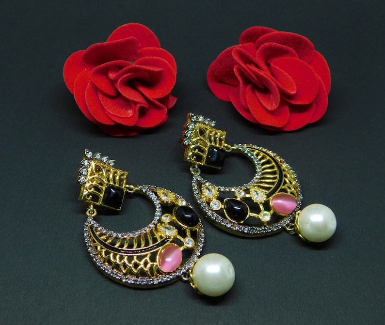 Gift For Her I.J 34 Gold Brass Victorian Earrings,Victorian Style Statement Earrings with Onyx Crystal,Dangle Earring Vintage Earring