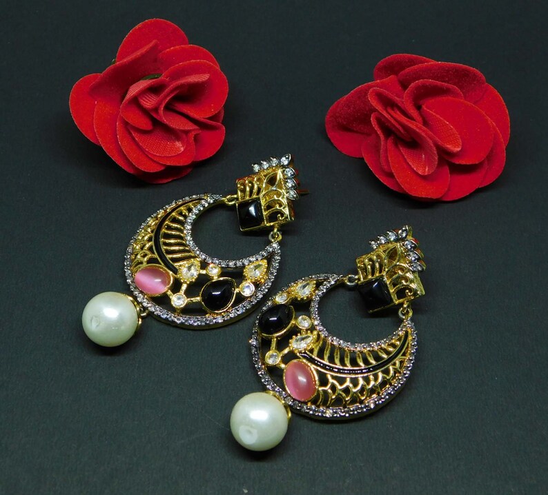 Gift For Her I.J 34 Gold Brass Victorian Earrings,Victorian Style Statement Earrings with Onyx Crystal,Dangle Earring Vintage Earring