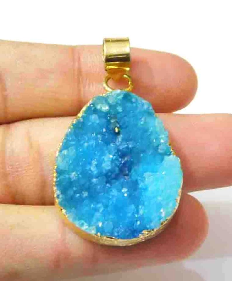 Charm Pendant L.P.385 Gold Color Brass Jewelry Natural Sky Blue Druzy Agate Pendant Gold Electroplated Edge Pendant Single Loop Pendant