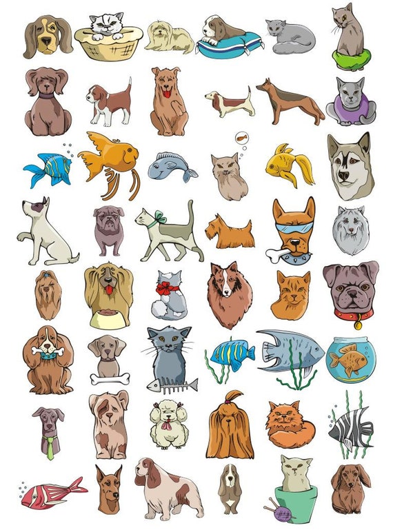 Vector Clip Art Images Of Pets Dogs Cats And Fish Etsy