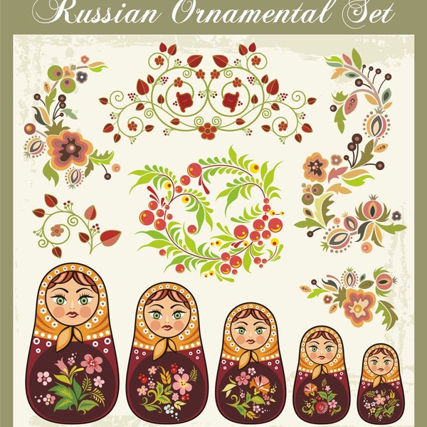 12 Style russe Vector Clipart ornements, Floral, fleurs, Matryoshka, fioritures, éléments de Design, Vinyl-Ready, autocollant, décoration de mur