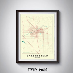 Stampa artistica della mappa di Bakersfield, California: arredamento per ufficio in stile vintage