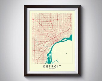 Map of Detroit, MI - Detroit Map - Detroit Poster - Office Décor - Wall Art - Travel Map - Detroit Travel Map