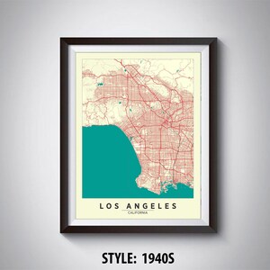 Stampa artistica della mappa di Los Angeles: arredamento per ufficio in stile anni &#39;40