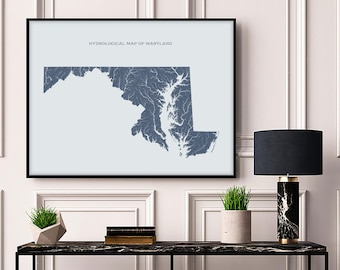 Maryland Hydrological Map of Rivers and Lakes, Maryland Rivers Poster Map