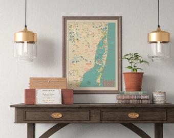 Miami Coast Map Print: Retro Style Framed Poster
