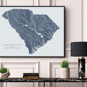 Mapa hidrológico de ríos y lagos de Carolina del Sur, póster de ríos de Carolina del Sur