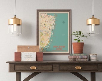 New Jersey Coast Map North - NJ Shore Print - Coast Beach Map - Poster retro map