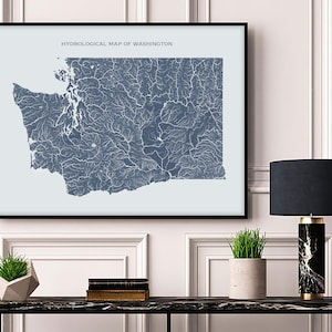 Carte hydrologique des rivières et des lacs de l'État de Washington, affiche de carte des rivières de l'État de Washington