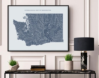 Washington Hydrological Map of Rivers and Lakes, Washington Rivers Poster Map