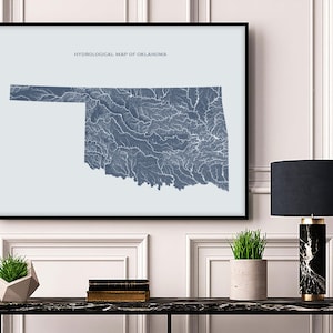 Mapa hidrológico de ríos y lagos de Oklahoma, mapa de carteles de ríos de Oklahoma