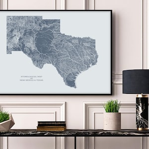 New Mexico & Texas Hydrologische Karte von Flüssen und Seen, Flüsse Poster Karte