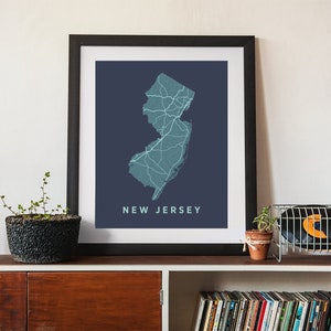 New Jersey State Map Art Print: Rivers, Roads, and Metro Areas