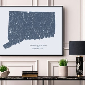 Connecticut Hydrological Map of Rivers and Lakes, Connecticut Rivers Poster Map